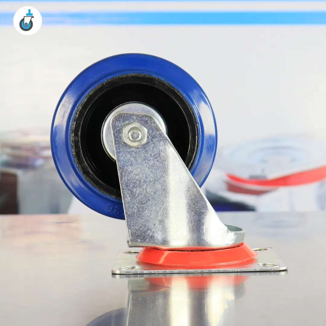 Side view of blue polyurethane swivel castor wheel with top plate