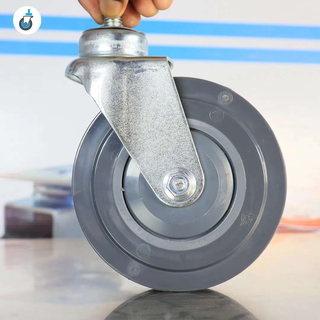 Side view of 5-inch TPR escalator guide wheel with swivel fork â€“ Unique Wheels & Castors Kenya.